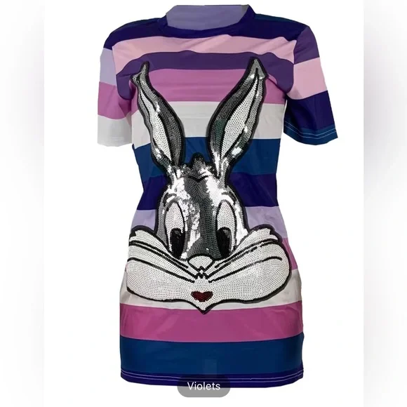 Sequined Bugs Bunny Purple Dress Bodycon Crew Neck Short Sleeve Dress - Picture 1 of 4